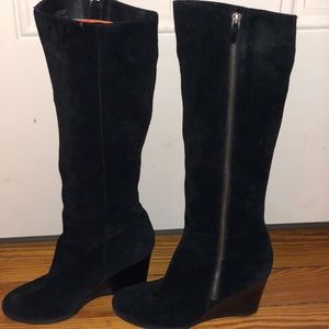 Franco Sarto Black Suede Wedge Boots. Outside zip